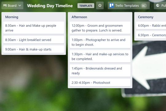 An image showing the Wedding Day Timeline Template for a Trello board