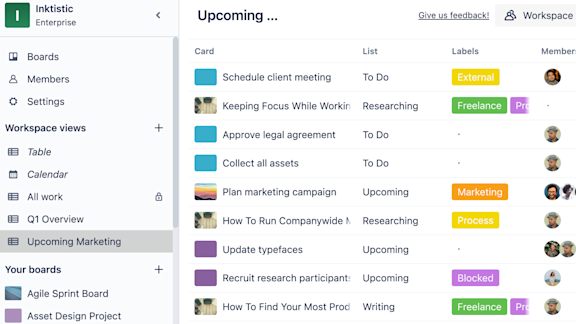 An image showing how to manage cards using Table view of a Trello Workspace