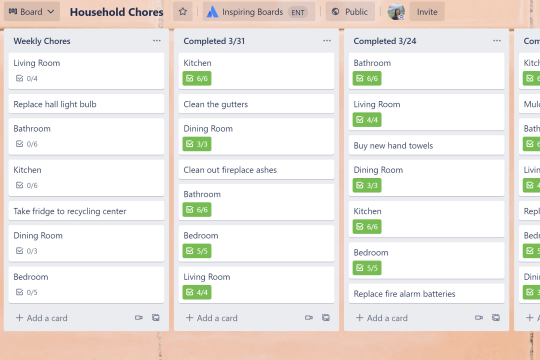 An image showing the Household Chores Template for a Trello board