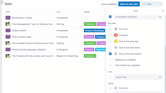 An image showing how to filter cards in a Table view of a Trello board