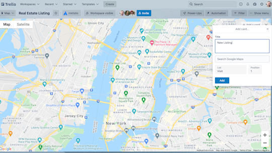 An image showing how to add a card on the Map view of a Trello board