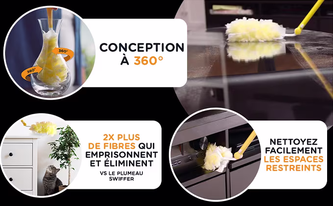 Conception à 360°, nettoie facilement les espaces restreints, idéal pour les endroits difficiles à atteindre