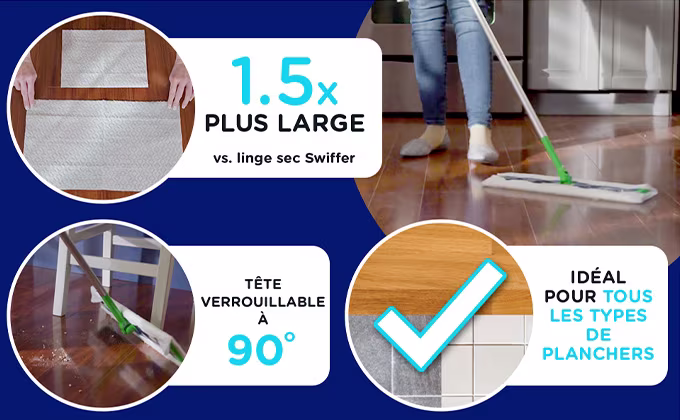 Recharges de linges secs grands formats pour balai Swiffer – Tête qui se bloque à 90°, idéal pour multi-surfaces