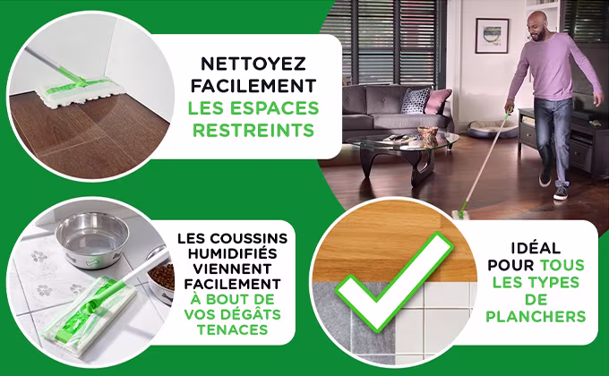 Emballage de départ pour balai Swiffer Sec + humide – Nettoie facilement les espaces restreints, les coussins humides réparent facilement vos dégâts tenaces, idéal pour tous les types de planchers