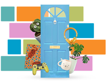 Larger blue door with multi-coloured blocks and home appliances