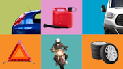 Colourful background with images of a car, motorbike and van.
