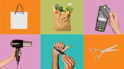 A shopping bag, a grocery bag full of food, a payment terminal with credit card, a hairdryer, manicured hands with a nail file, and scissors