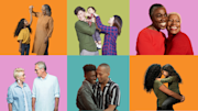 Multi coloured squares with happy couples and family's smiling.