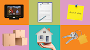 A smart thermostat, rental agreement, rent reminder, moving boxes and house keys.