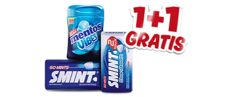 Alle mentos en smint 1+1 gratis, geldig van 1 t/m 7 juli