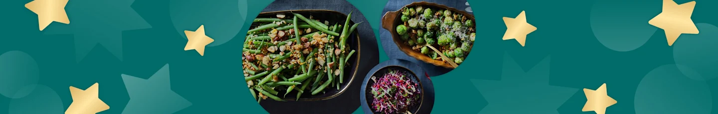 Kerst bijgerechten zoals spruitjes met gezouten walnootboter, haricots verts met hazelnoot-amandelcrumble en rodekoolsalade met aioli, granaatappel en koriander.