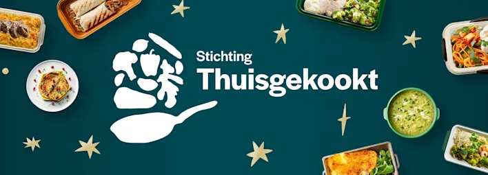Thuisgekookt logo met bakjes eten om te delen.