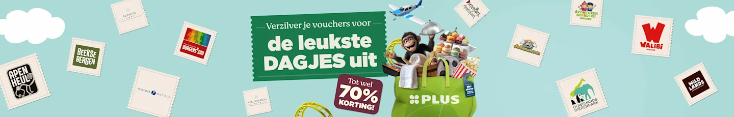 Tas gevuld met Dagje-Uit-items zoals een aapje, vliegtuig en rollercoaster, omringd door stempels van attractieparken en uitjes. Opdruk: “Verzilver je vouchers voor de leukste DAGJES uit” en “Tot wel 70% KORTING!”.