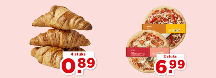 Zondag deals: croissants 4 stuks 0.89 en pizza's 2 stuks 6.99.