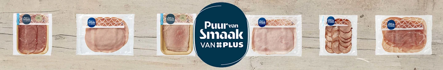 Verschillende vleeswaren met logo van PLUS Puur van Smaak.