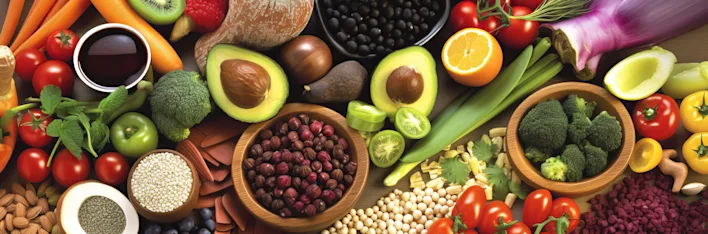 Eiwittransitie: selectie van verse groenten, fruit, noten, zaden en peulvruchten.