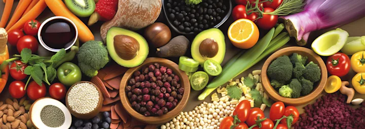 Eiwittransitie: selectie van verse groenten, fruit, noten, zaden en peulvruchten.