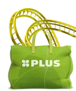 Groene tas met het PLUS-logo, op de achtergrond een gele achtbaan.