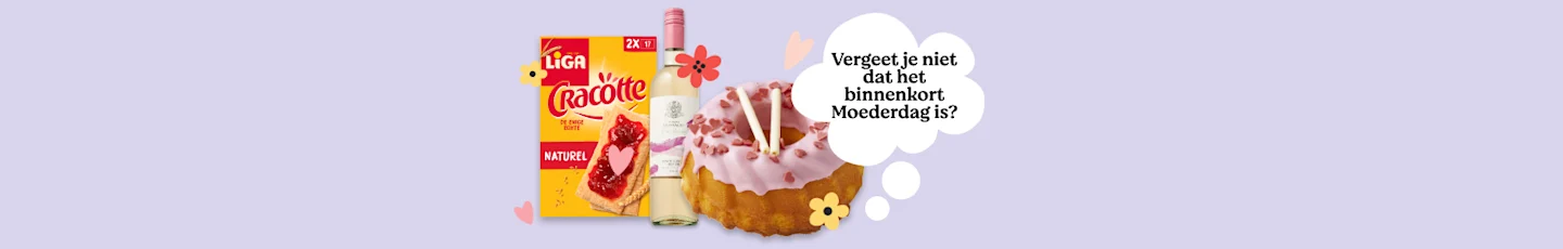 Moederdagcadeaus zoals doos Liga Cracotte Naturel, fles witte wijn en taart met roze glazuur en versiering.
