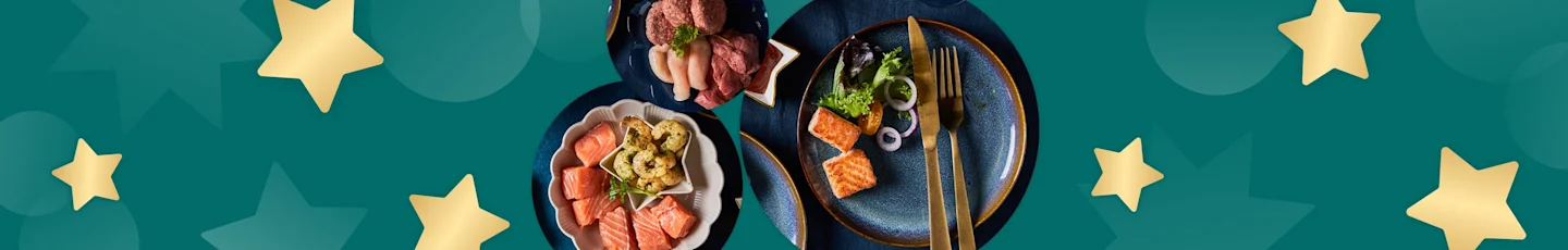 Kerst gourmet recepten met zalm, garnalen, vlees en verse groente.
