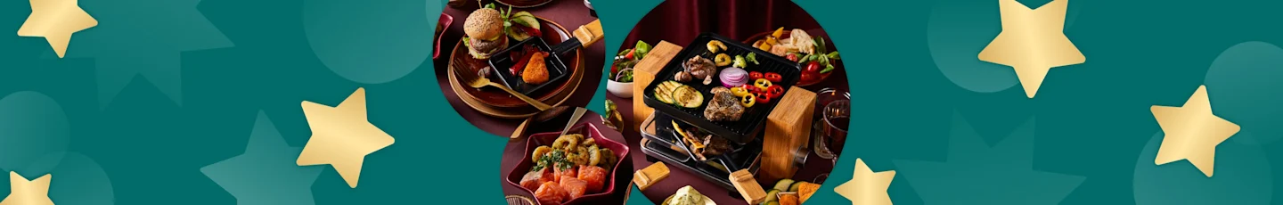 Vier Kerst bij PLUS met feestelijke gourmetgerechten zoals hamburgers, zalm, groenten en vlees.