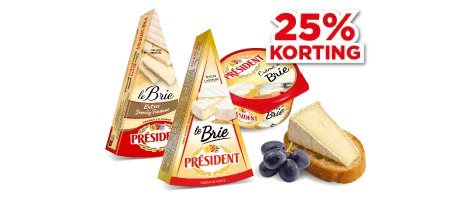 President brie met 25% korting. geldig van 13 t/m 19 mei