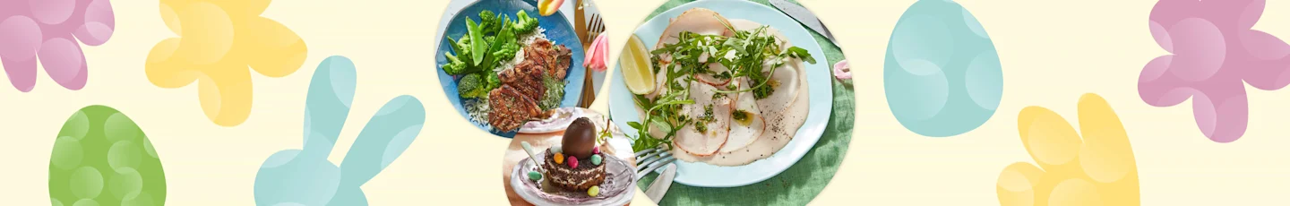 Paasdiner recepten van gemarineerde lamskoteletjes met kruidenrijst en groene groenten, vitello tonnato met rucolasalsa en paasnestje van tiramisu.