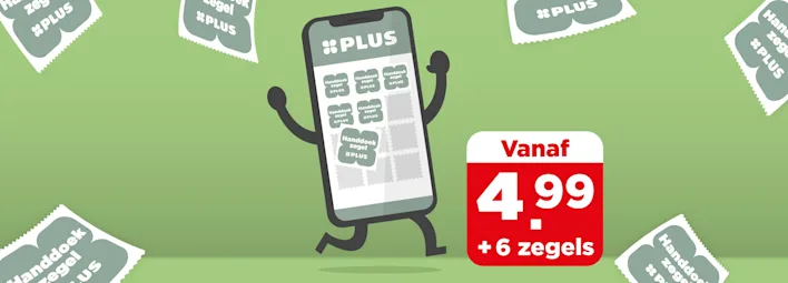 Smartphone met PLUS-logo en 6 zegels, tussen Handdoeken zegels van PLUS.