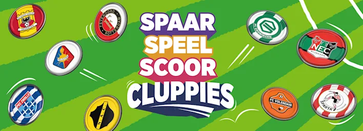 Cluppies van PLUS met de tekst "Spaar, Speel & Scoor Cluppies".