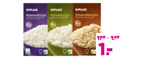 PLUS rijst voor 1 euro. Geldig van 15 t/m 21 april