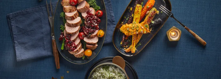 Varkenshaas met cranberry-stoofpeersaus en kruidenrijst