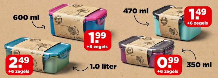 Vier Lock&Lock vershouddozen met inhoud en prijs: 600 ml voor €1,99, 470 ml voor €1,49, 350 ml voor €0,99 en 1,0 liter voor €2,49, telkens met 6 zegels.