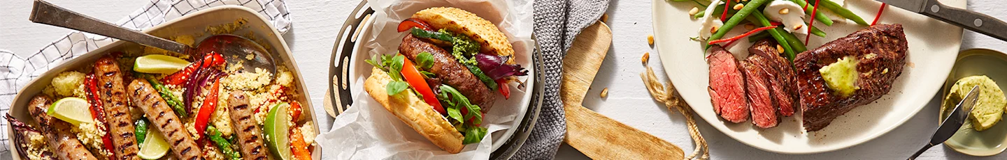 BBQ-recepten met vlees, bavette, hamburgers en chipolata's met gegrilde groentecouscous