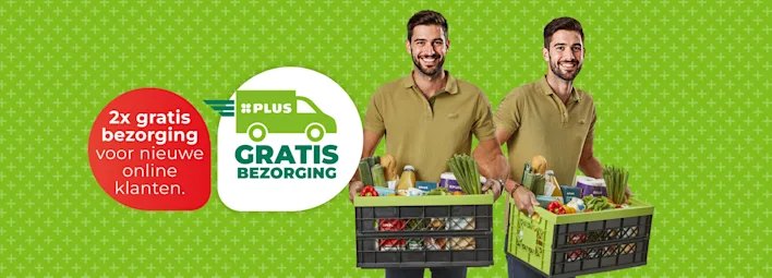 Bezorger met kratje en tekst: "2x gratis bezorging voor nieuwe online klanten".