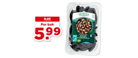 Mosselen voor 5,99 per bak. Geldig van 5 t/m 11 november