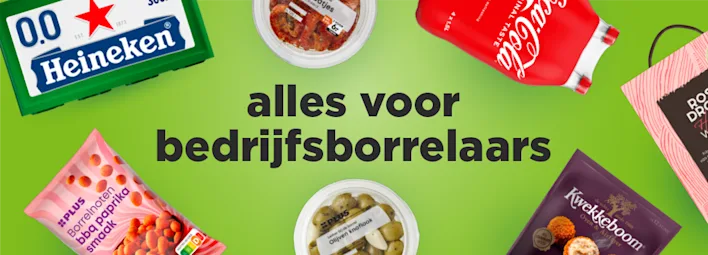 Producten voor een zakelijke borrel, zoals Coca-Cola, Heineken en borrelnootjes.