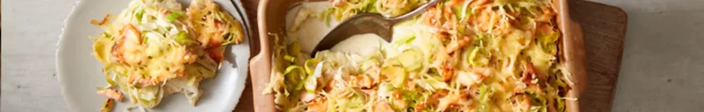 Prei recept van prei en zalmschotel uit de oven.