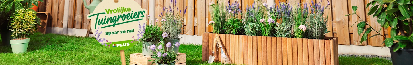 PLUS Tuingroeiers: houten plantenbak met lavendel en bloeiende planten, omlijst door potten op een krat en een bord met “Vrolijke Tuingroeiers – Spaar ze nu!”.