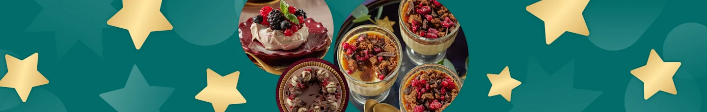 Kerstdesserts zoals mini-pavlova met bosvruchten en karamelsaus en dame-blanchekrans.