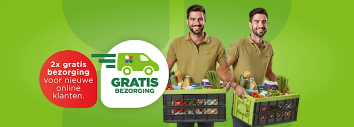 Bezorger met kratje en tekst: "2x gratis bezorging voor nieuwe online klanten".