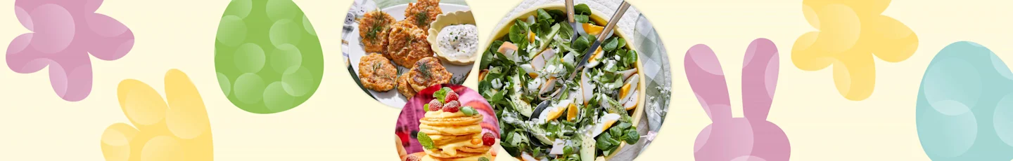 Paasbrunch recepten met frisse salade, zalmkoekjes en lekkere pancakes.