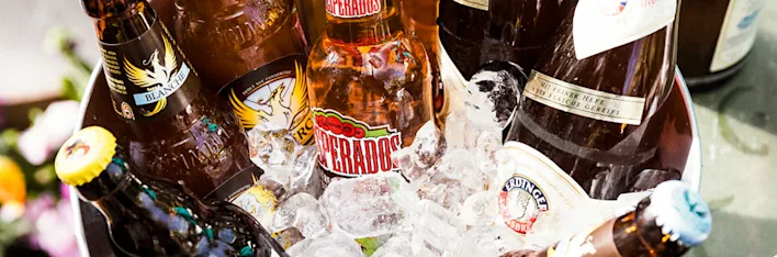 Selectie van bierflessen in een met ijs gevulde emmer. De flesjes zijn kleurrijk gelabeld met merken als Desperados en Erdinger.