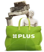 Groene PLUS-tas gevuld met klassieke elementen zoals zuilen, een beeldtorso en steenblokken.