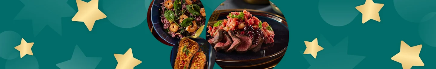 Kerst hoofdgerechten: hertenbiefstuk met bosvruchtensaus en biet-peterseliestamppot, risotto met spinazie, citroenmascarpone en garnalen en geroosterde pompoen met krokante kikkererwten en salie.