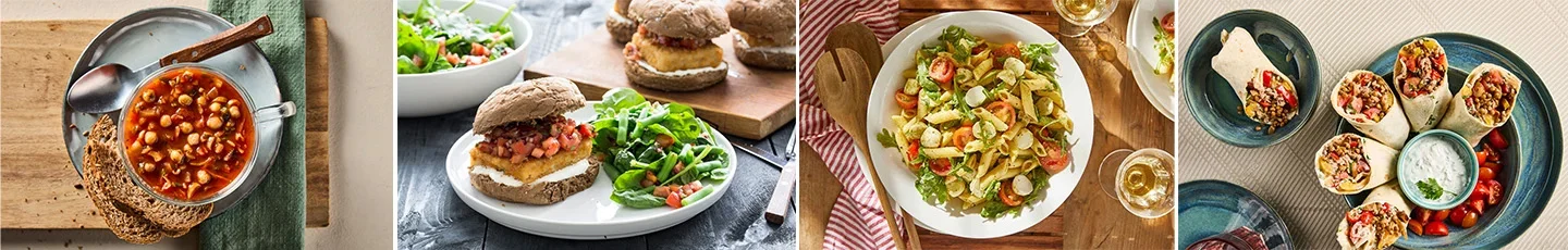 Lunchrecepten: soep met kikkererwten en brood, sandwiches met salade, pastasalade met groenten en wraps met dipsaus.