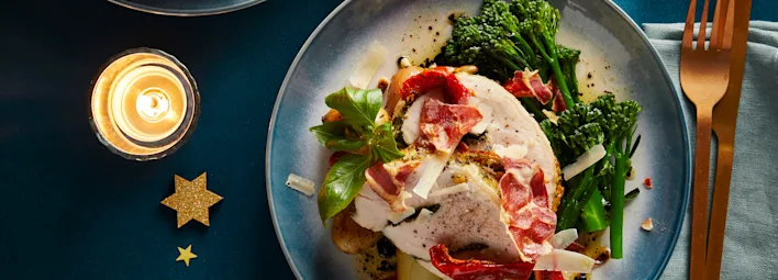 Pestorollade met krokante coppa en bimi