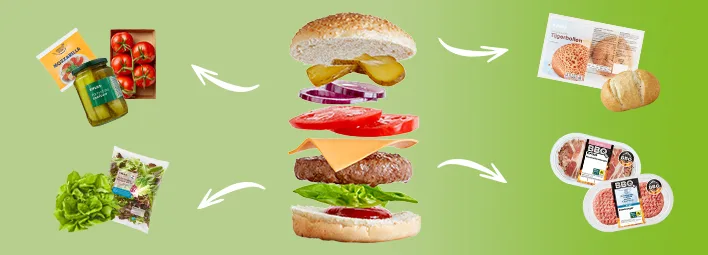 Uit elkaar gehaalde hamburger met losse ingrediënten zoals augurk, ui, tomaat, kaas, sla, hamburgerbroodjes en BBQ-burgers.