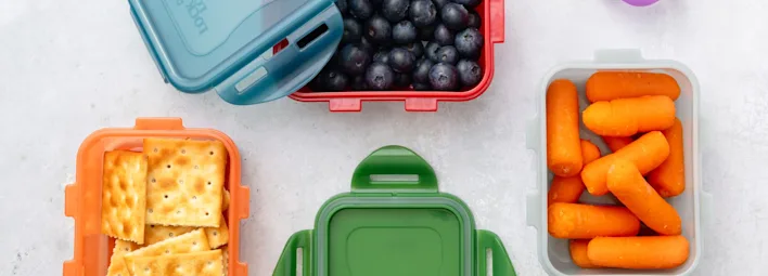 LocknLock vershoudbakjes met crackers, wortels en rode bessen.