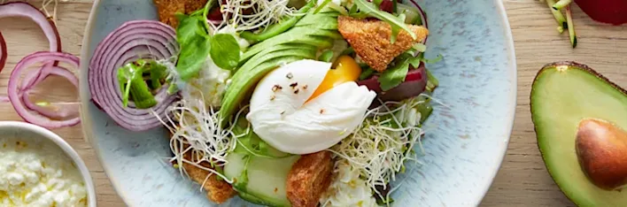 Vers ontbijt met gepocheerd ei op salade, omringd door avocado, komkommer, rode ui, volkorenbrood, ei en een kom cottage cheese of yoghurt.