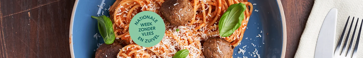 Spaghetti recept met het logo van Nationale Week Zonder Vlees en Zuivel.